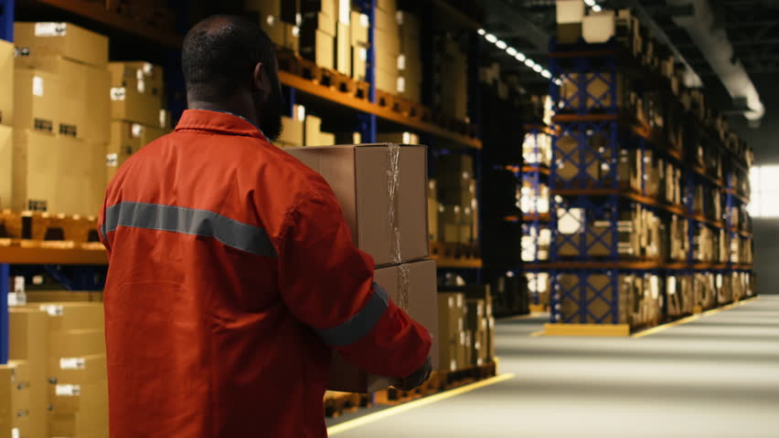 African american staff sorting cardboard packages in logistics warehouse, connecting supply chain operations with import export cargo. Packing and carrying boxes for shipment operations.