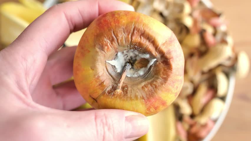 Rotten apple in hand.Zero waste kitchen. Hand placing a spoiled apple in peanut shells. Compost from food scraps.