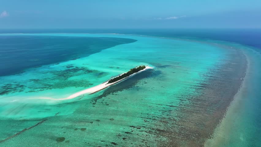 Aerial view of a narrow tropical island with lush green palm trees surrounded by turquoise coral reefs and deep blue ocean water in Fulhadhoo, Baa Atoll, Maldives.