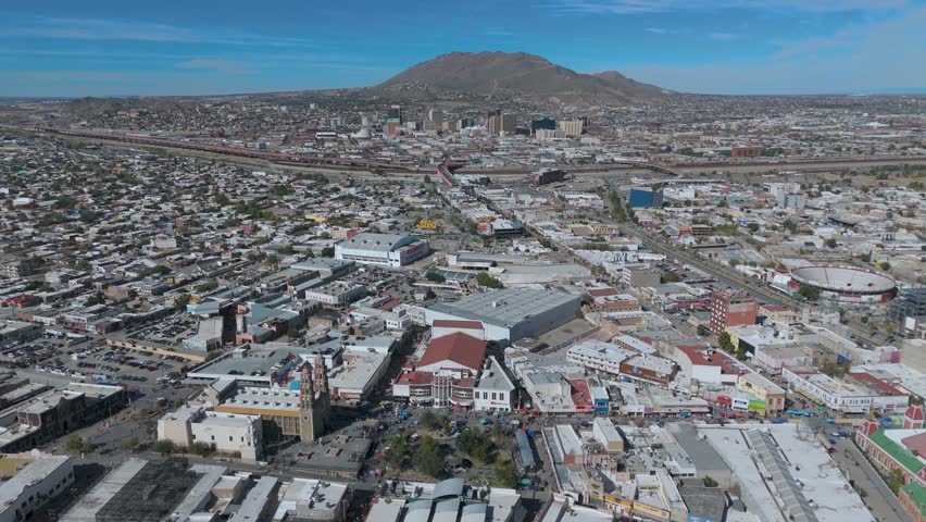 October 26, 2025. Ciudad Juárez, Chihuahua: Downtown of Ciudad Juarez, Chihuahua, Mexico, featuring the Cathedral and the central plaza. The cityscape stretches, showing the dense urban grid and the proximity to the USA border.