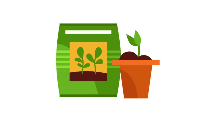 Simple vector illustration shows a green bag of fertilizer next to an orange potted seedling