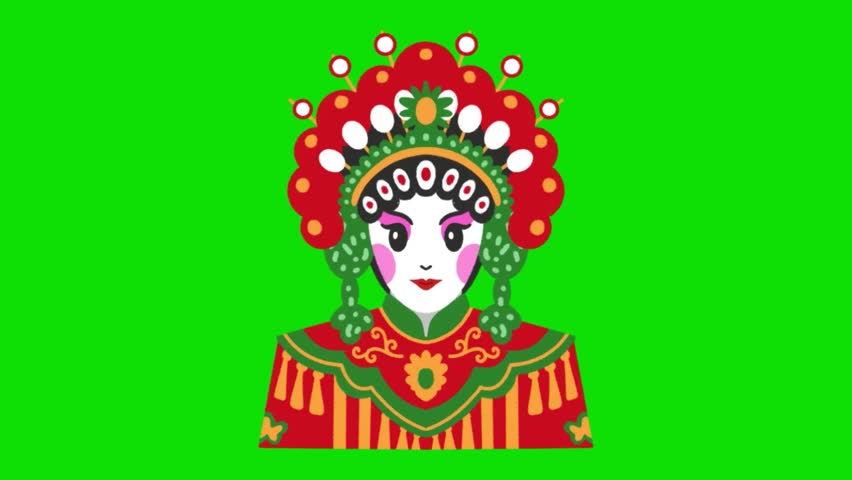Video of an illustrated traditional Chinese opera performer with an ornate red headdress on a green screen background. Cheung chau bun festival. Hand drawn.