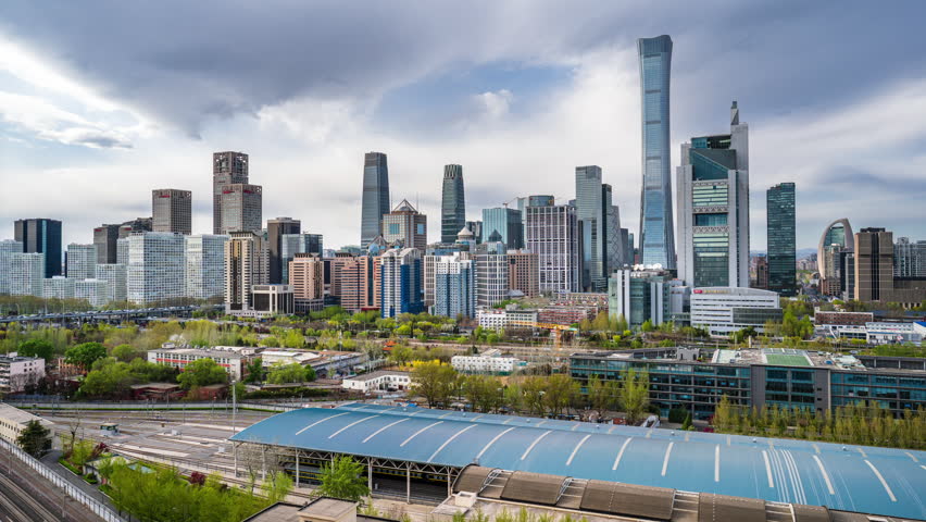 A modern architectural complex in the core business district of Chaoyang District, Beijing, showcasing the city