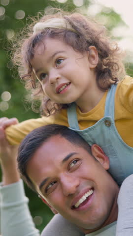 Outdoor, father and girl with smile, piggyback and bonding together with holiday, support and calm. Family, dad and daughter with happiness, care and playing with growth development, kid and wellness