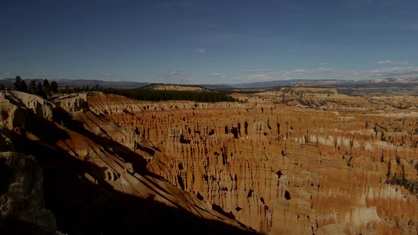 Panoramic view of the orange hoodoos and rock formations at Bryce Canyon National Park under a clear blue sky day