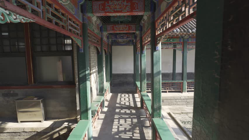 landscape view inside corridor pathway inside pavilion hall building in chinese architecture design of Summer palace heritage site in beijing in winter