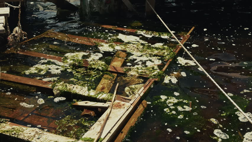 Realistic cinematic shot of filthy sea water in a professional dock area showing pollution and murky textures near the pier environmental damage and dirty harbor conditions in high resolution for ecological themes