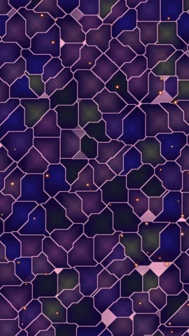 Abstract mosaic pattern with geometric shapes and a color palette of purple and blue.