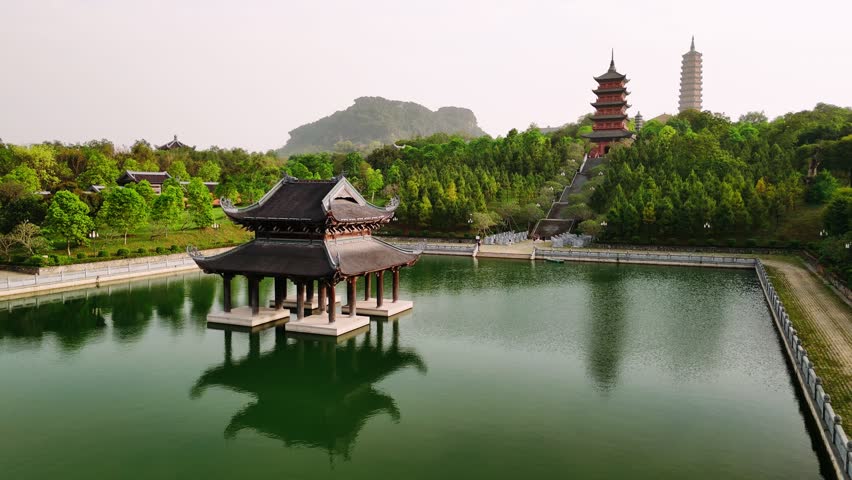 Aerial view of Bai dinh pagoda complex and stupa on the hill in ninh binh, vietnam