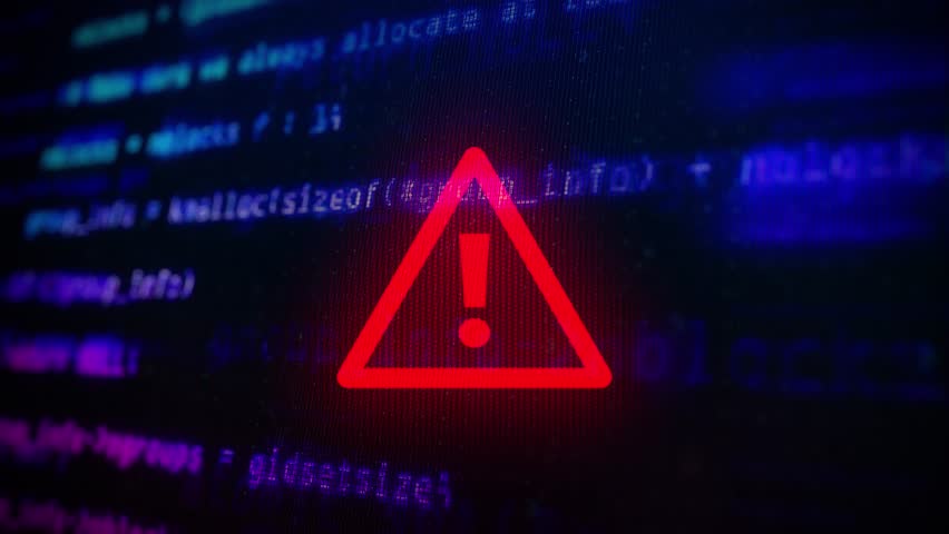 Red warning message on source code bg, alert sign, exclamation mark inside a triangle on black bg. Alert notice, problem, danger, fail on emergency, alert notice, computer hacking error