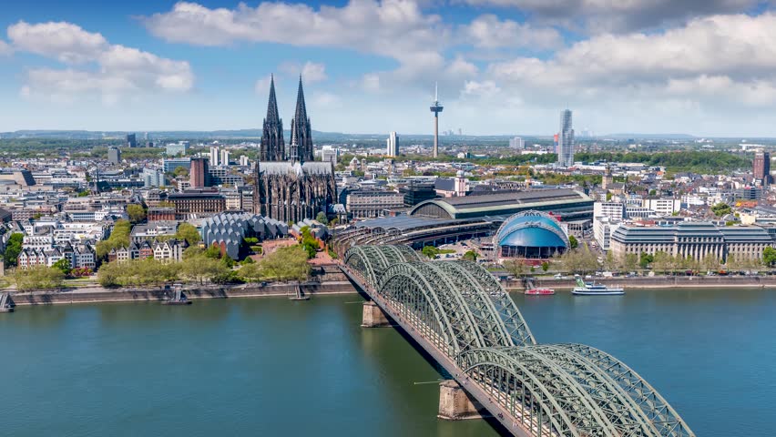 Time lapse view of the cityscape of Cologne, Germany, with river Rhine and Cathedral during a sunny summer day