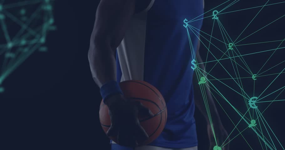 Male athlete holding basketball, teal network appearing to his right and showing sports-tech stats. Player, ball, promo, brand, silhouette, tech, studio