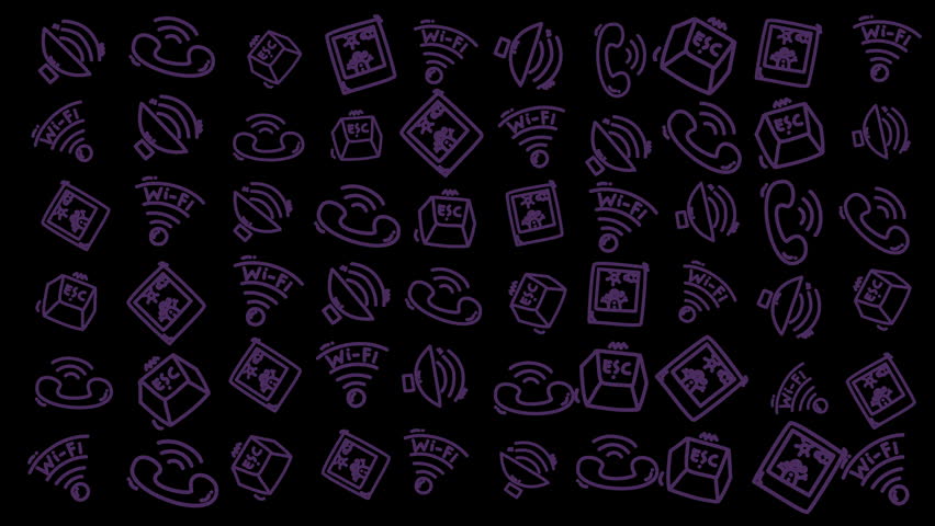 Purple icons float against a dark background or seamless dark mode technology pattern . Wireless signals, routers, and gadgets appear scattered. Icons glow softly, suggesting digital connectivity