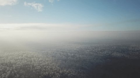 Drone Flying Forward above Snowy Winter Forest