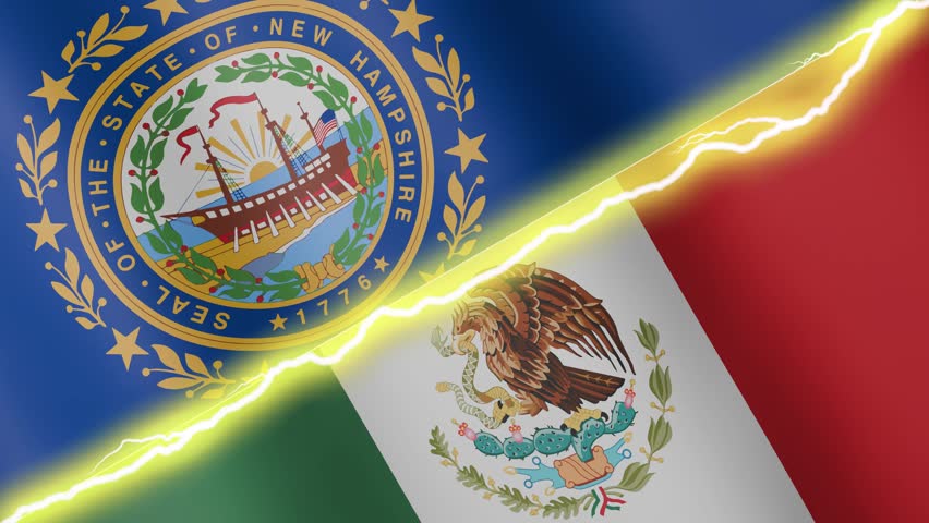 Two waving flags USA State of New Hampshire and Mexico with diagonal lightning seamless, 4k loop