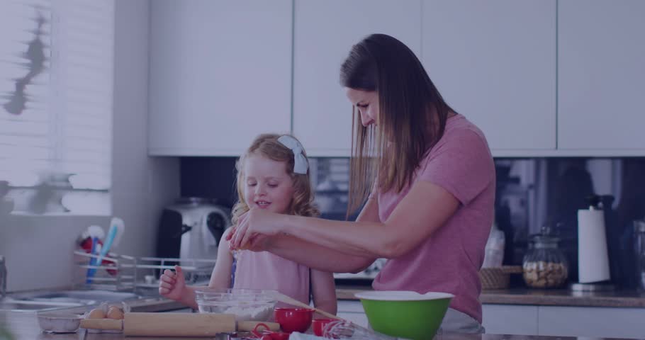 Mom guiding child cracking egg at counter, social icons peaking over hands then fading for sharing. Family, baking, kitchen, dough, cookies, rollingpin, flour