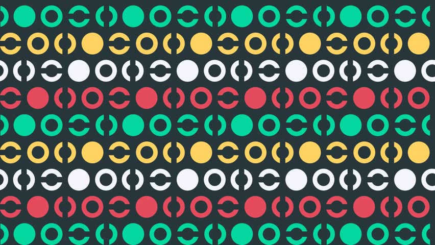 Video of abstract seamless pattern with full and cut circle shapes on dark background. Red, yellow, white, green geometric shapes on black background. Wallpaper for any content, loops continuously.