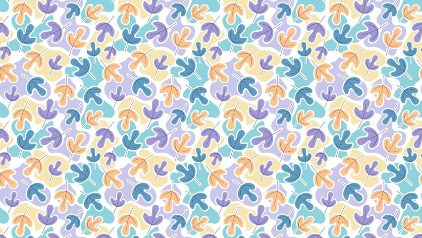 Video of seamless floral pattern with blue, purple and orange leaves on bright background. Could be used as wallpaper or background for any content, loops continuously. 