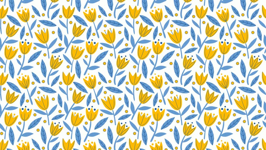 Video of seamless floral pattern with yellow flowers with blue leaves and stems, with decorative circles on white background. Could be used as wallpaper or background for any content, loops continuous