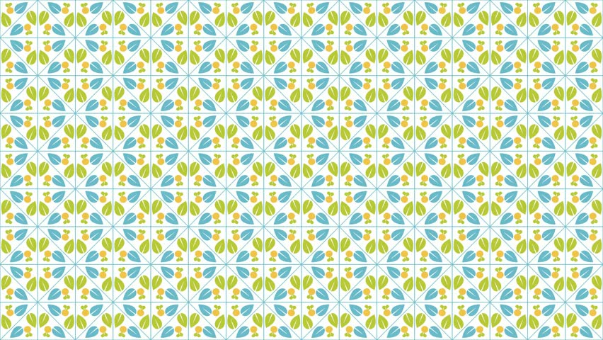 Video of seamless floral pattern with green and blue leaves and little oranges in square shapes with blue lines on white background. Could be used as wallpaper or background for any content, loops.