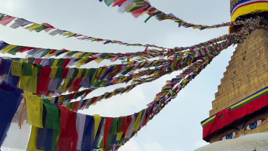 Boudhanath Stupa with prayer flags Kathmandu Nepal buddhist temple