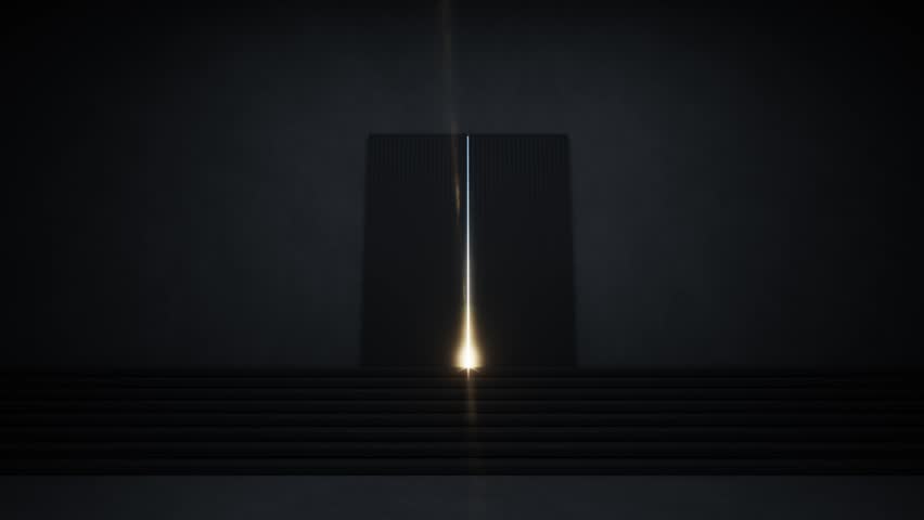 Double doors in a dark room slowly open revealing a bright, sunny sky outside