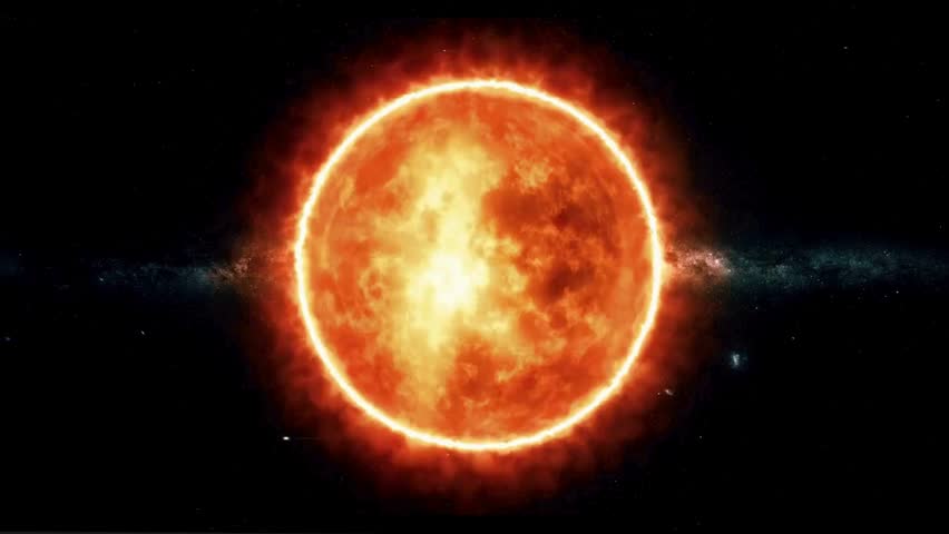 The sun with solar flares and a bright orange glow against a black background with stars