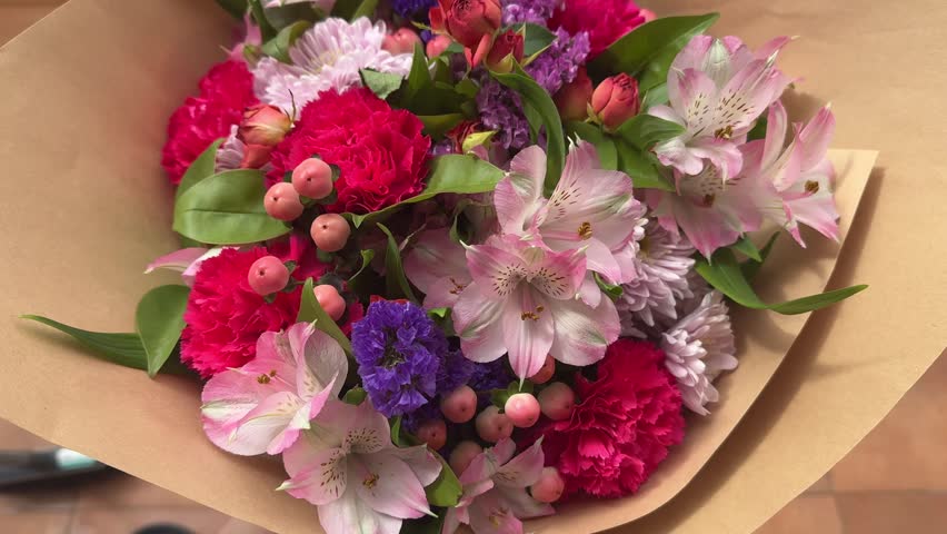Lush mixed flower bouquet with hot pink carnations alstroemeria pastel chrysanthemums purple statice and coral hypericum berries wrapped in kraft paper top view 4K footage.