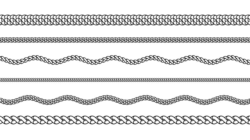 Set of rope brushes, decorative borders, nautical cord elements. Vector illustration of twisted ropes isolated on white background.