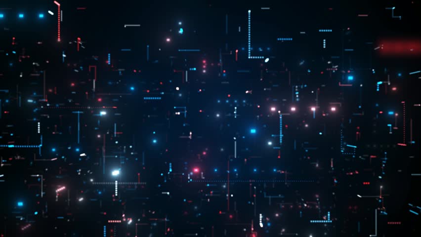 Bold golden text declaring advanced tech appears suspended over a dynamic blue and black digital data stream animation.