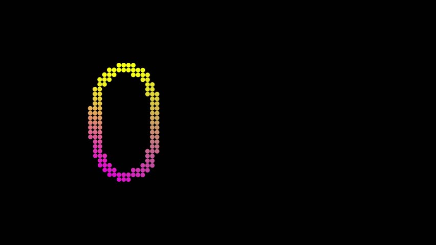 Number twenty one animation with colorful dots. Number twenty one digital numeral display. Number twenty one technology interface graphic on black background.