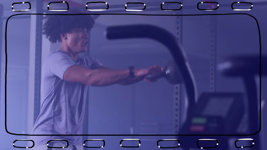 Left man holding kettlebell doing bent swings, teal man entering, pressing explosively for fitness. Gym, workout, training, weights, partners, motion, dynamic