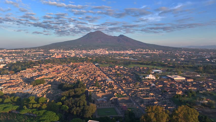 Aerial view of Pompeii Ruins. Pompeii is a large ancient Roman city, large-scale archaeological complex, Italy.