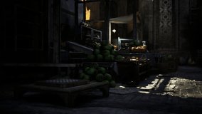 dim vendor corner bathed in sunlight, stacked produce bowls, ornate tile wall, brass lamp casting warm highlights, stillness of early morning market awaiting - Powered by Shutterstock - Get 15% off with code: PIKWIZARD15