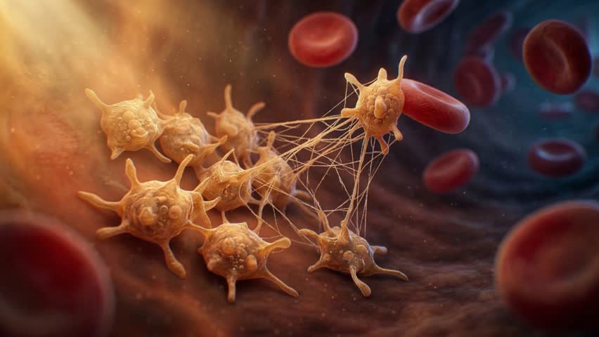 Platelet aggregation forming a blood clot and trapping a red blood cell inside a flowing blood vessel lumen