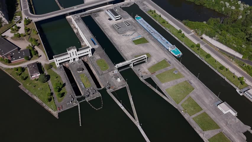 Lock on River Maas near Maastricht shows a barge moving through Ecluse de Lanaye at the border of Belgium and the Netherlands