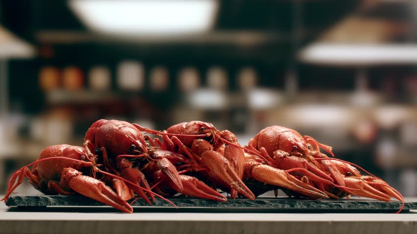 Boiled European crayfish Astacus astacus river seafood freshwater cooked crustacean, noble crayfish, or broad-fingered crayfish, traditional food source.