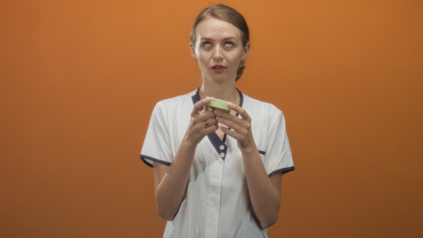 Young woman in white uniform holding a bar of green soap with both hands, pouting and looking up against an orange studio wall; contemplation.