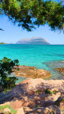 Vertical view of coastal rocks and juniper trees by the sea at Porto Istana with Mediterranean vegetation and natural seaside scenery in Sardinia