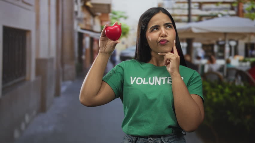 Young volunteer woman in a green volunteer tshirt holds a small red heart in raised hand with finger to chin gesture on a street; thoughtful concern.