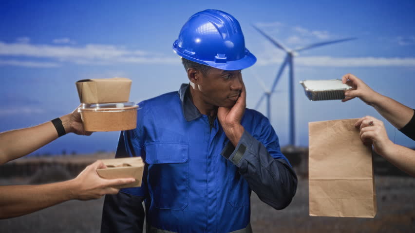 Man construction worker in blue hardhat touching cheek while multiple hands offer takeout boxes and a paper bag at windfarm; indecision choices.