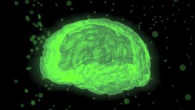 3D rendering of a human brain displaying glowing green neural network activity against a black background with scattered light particles. - Powered by Shutterstock - Get 15% off with code: PIKWIZARD15
