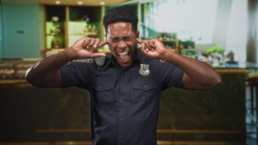 Black police man in uniform with badge and radio, hands out palms up in front of a bar counter inside a building; confusion.
