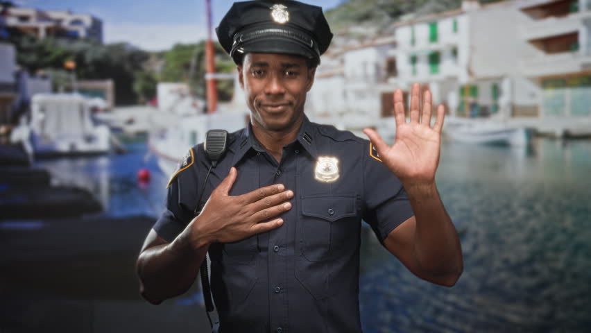 Black police officer wearing cap with hand on chest and palm raised in building by marina pier and boats; duty service.