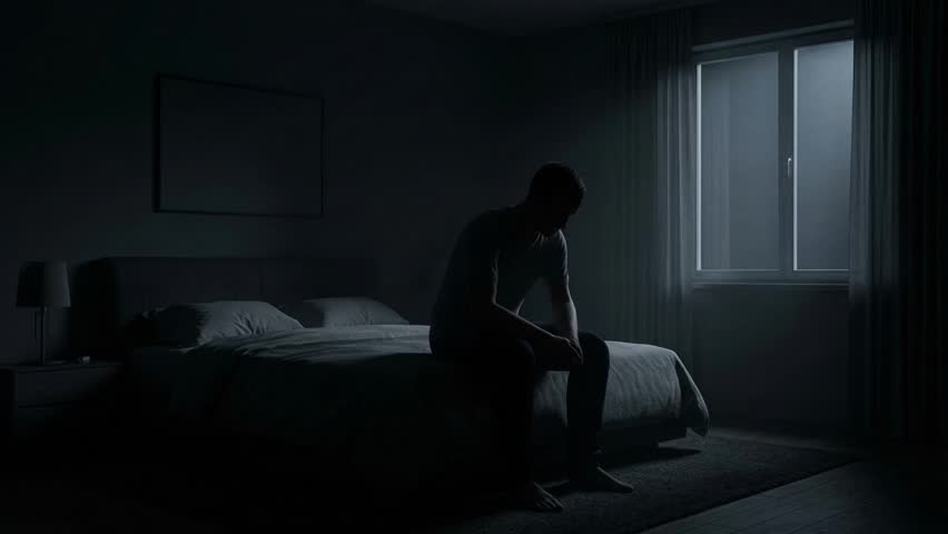 Man sitting on edge of bed and lowering head with hands near face in dark bedroom beside window at night