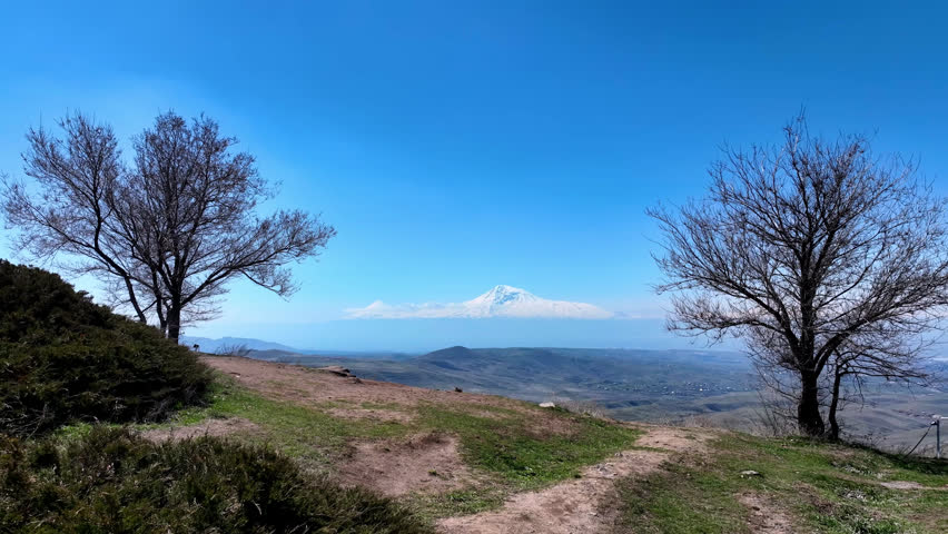 Clear blue sky above rolling hills and distant snow-capped mountain. Bare trees frame the view. Green fields stretch toward horizon. Mountain peak rises above haze
