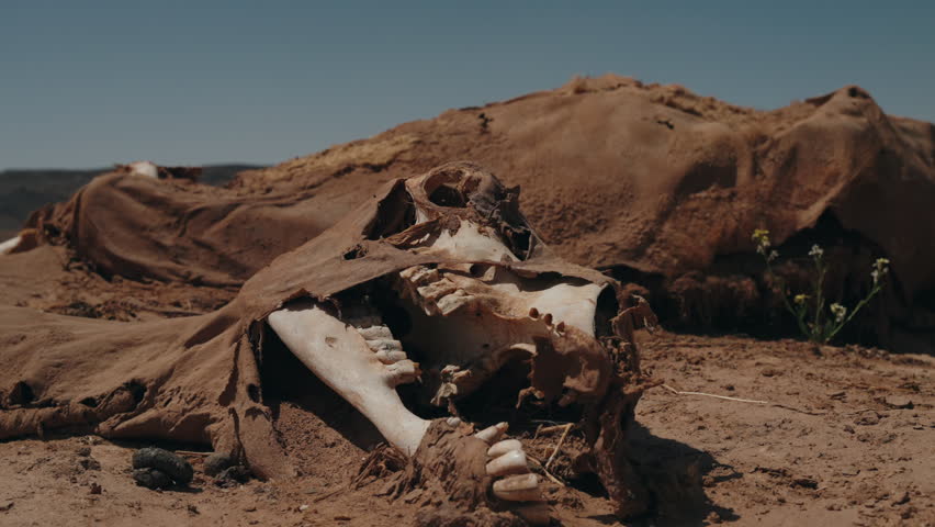 Camel skull and ribcage with dried skin and hide lying on sandy desert ground under blue sky