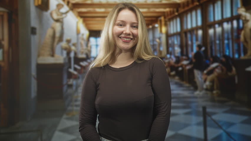 Woman smiling with eyes closed beside marble statue in ornate museum building corridor, hands relaxed at sides; serenity.
