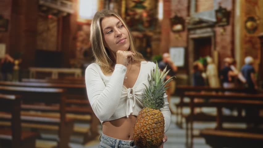 Woman holding pineapple with hand under chin in ornate church interior, thoughtful gaze; quiet contemplation.