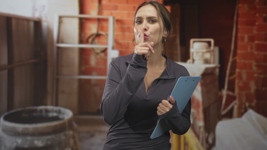 Woman holding blue clipboard, finger to lips for silence in a construction building with brick wall and machinery, inspection posture; authority.
